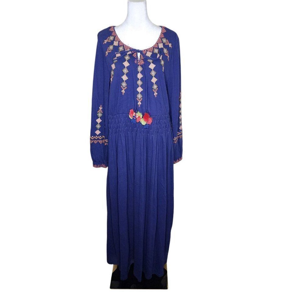 Soft Surroundings Peasant Long Sleeve Maxi Dress Boho Womens Size L Blue